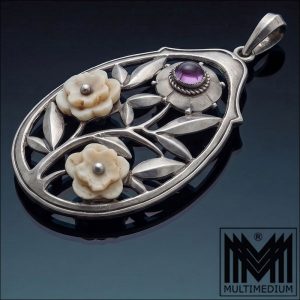 Großer Jugendstil 835 Silber Anhänger Amethyst Bein Blumen Adolf Mayer Pforzheim