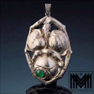 Jugendstil Silber Chrysopras Anhänger Rose DKS Dansk Kunst Smede hohl gearbeitet