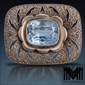 Theodor Fahrner Art Deco Brosche Silber vergoldet Blauer Topas Pforzheim 1932