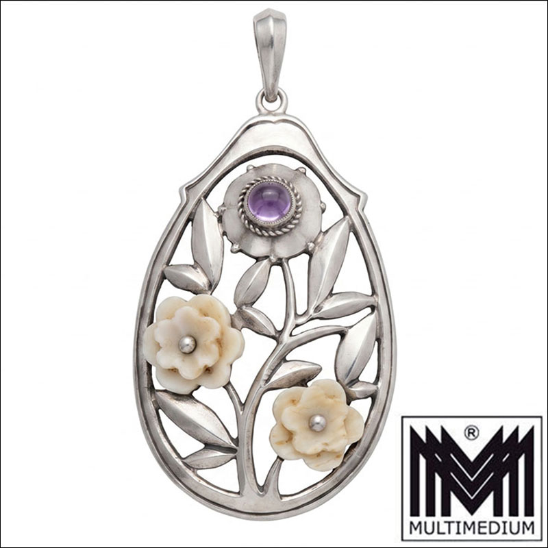 Großer Jugendstil 835 Silber Anhänger Amethyst Bein Blumen Adolf Mayer Pforzheim