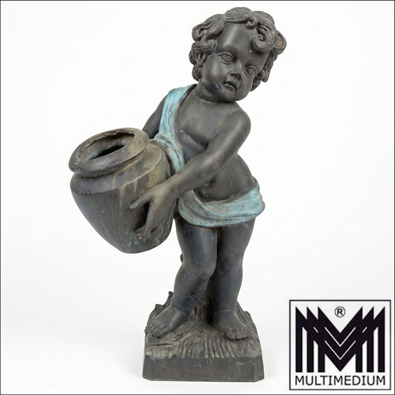 Antik-Stil Bronze Putto Figur mit Krug Garten Skulptur Massiv 25 kg 71 cm