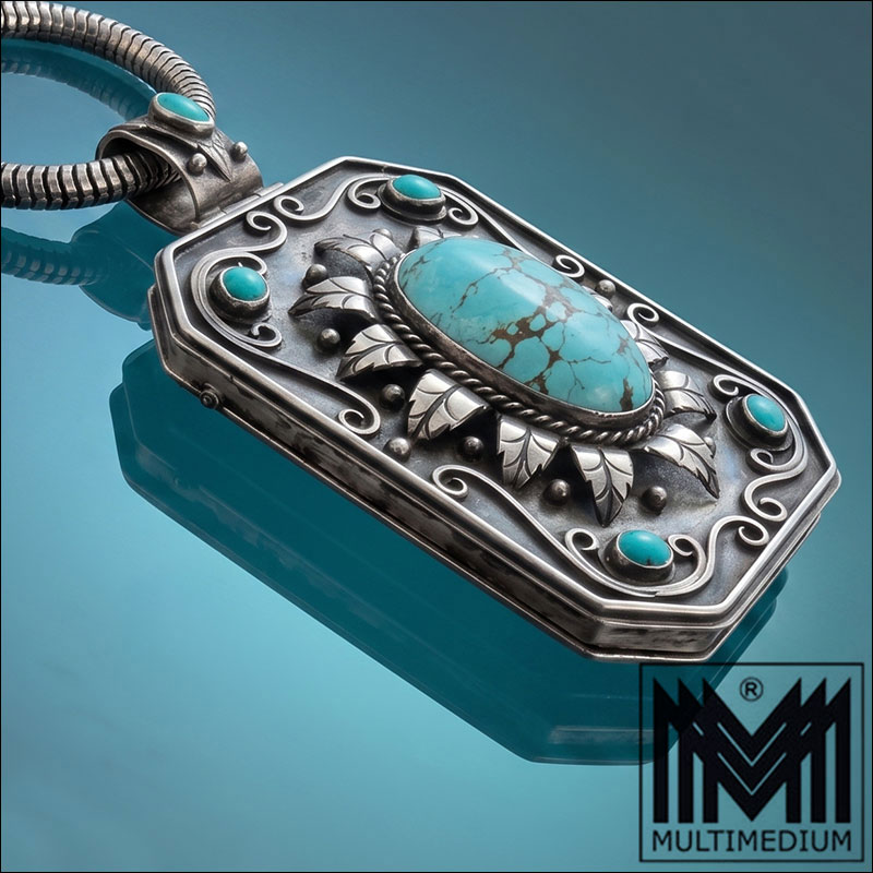 Antikes Medaillon Art Deco 925 Sterling Silber Handarbeit Natürlicher Türkis