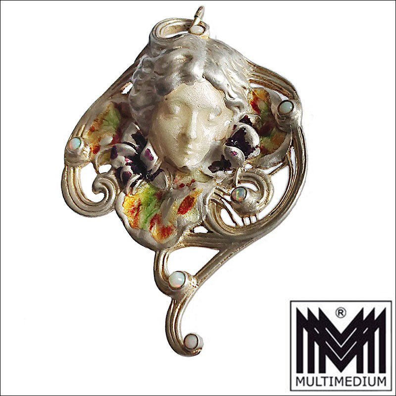 Georges le Sache Antoine Beaudouin Jugendstil Silber Anhaenger Emaille Modestie 01 Georges le Saché Antoine Beaudouin Jugendstil Silber Anhänger Emaille Modestie