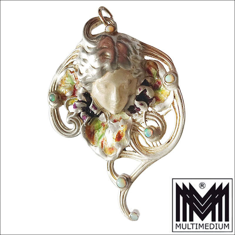 Georges le Sache Antoine Beaudouin Jugendstil Silber Anhaenger Emaille Modestie 02 Georges le Saché Antoine Beaudouin Jugendstil Silber Anhänger Emaille Modestie