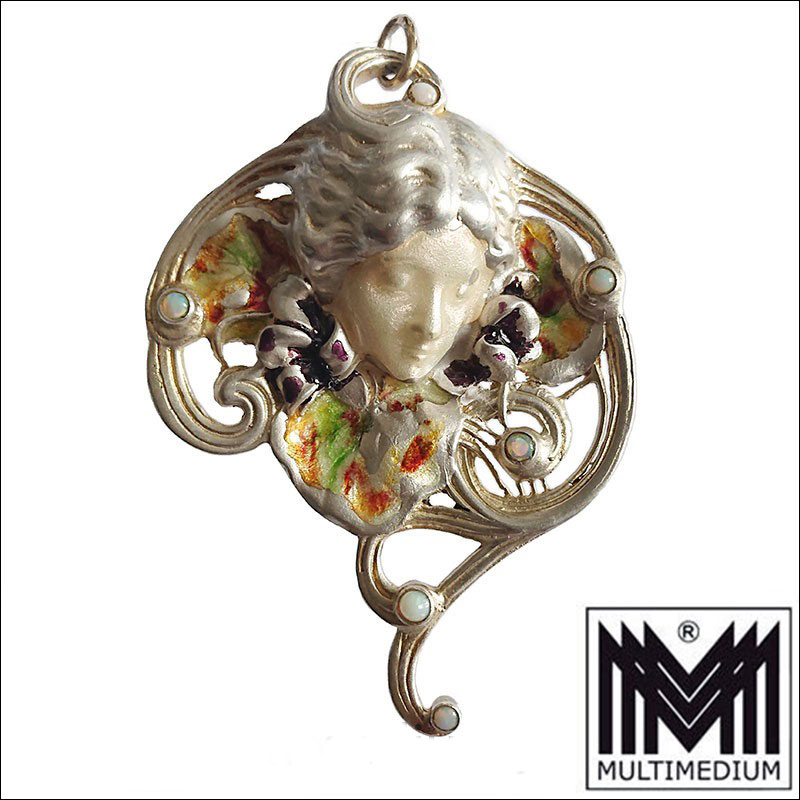 Georges le Saché Antoine Beaudouin Jugendstil Silber Anhänger Emaille Modestie