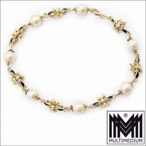 750 er Gold Emaille Perlen Armband Arm kette 18k 18ct pearl gold bracelet enamel