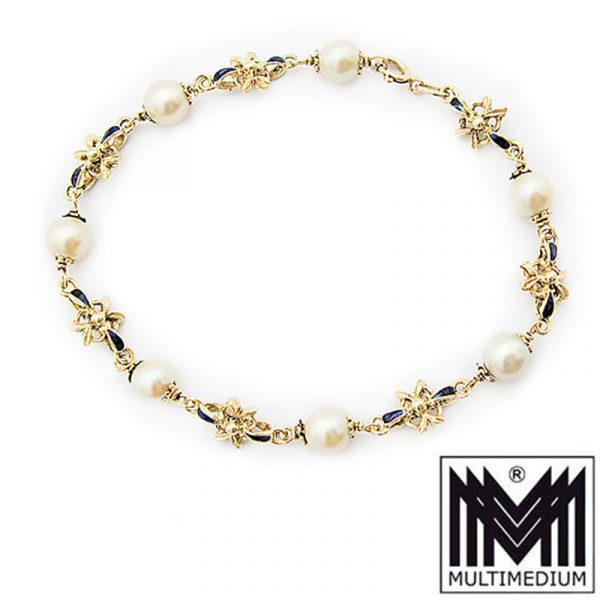 750 er Gold Emaille Perlen Armband Arm kette 18k 18ct pearl gold bracelet enamel