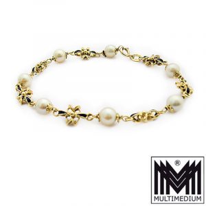 750 er Gold Emaille Perlen Armband Arm kette 18k 18ct pearl gold bracelet enamel