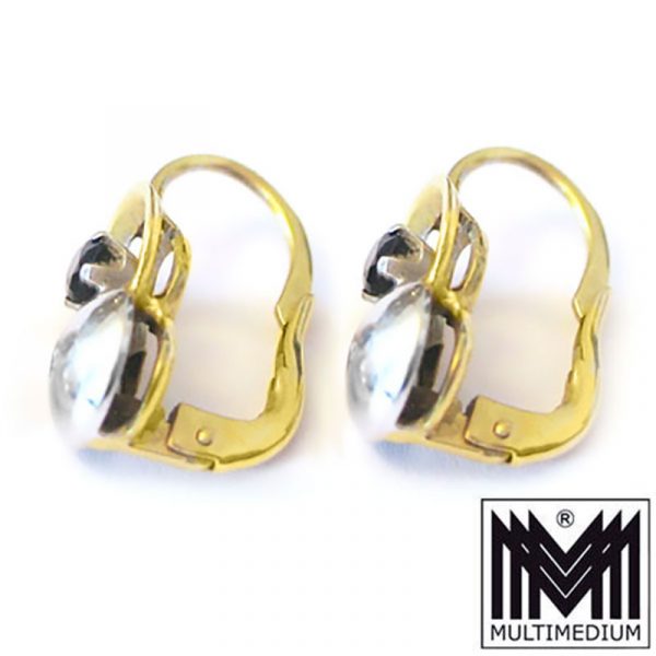 Art Deco Ohrringe 18 ct 750er Gelbgold und Weißgold mit kl. Diamant und Safir