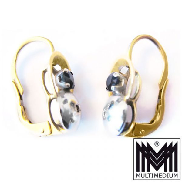 Art Deco Ohrringe 18 ct 750er Gelbgold und Weißgold mit kl. Diamant und Safir