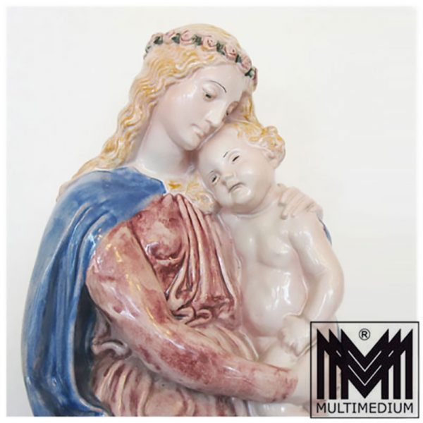 Jugendstil Majolika Keramik Maria mit Jesus Kind farbig glasiert signiert HR