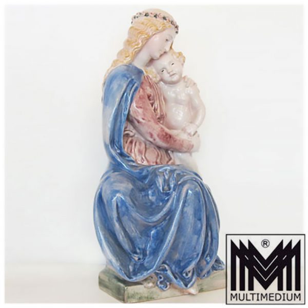 Jugendstil Majolika Keramik Maria mit Jesus Kind farbig glasiert signiert HR
