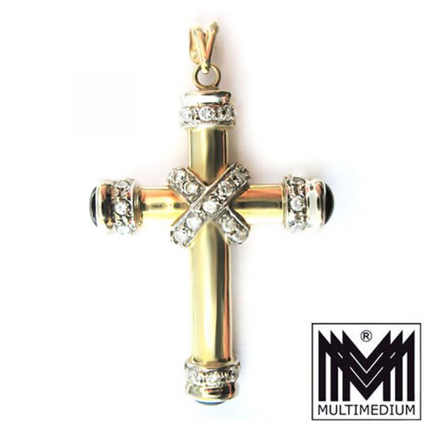 - Verkauft - 585 er Gold Kreuz Anhänger Diamant Brillant Saphir Safir cross pendant diamond