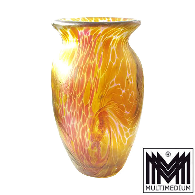 Iridescent Designer Art Glass Vase signed full 1A Irisierende Designer Glasvase signiert Franz Austen gelb rosa