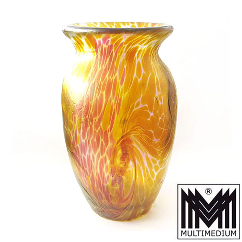 Iridescent Designer Art Glass Vase signed full 1o Irisierende Designer Glasvase signiert Franz Austen gelb rosa