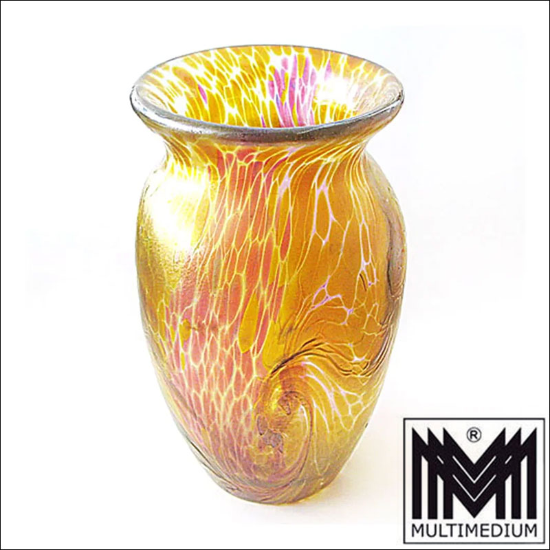 Iridescent Designer Art Glass Vase signed full 2o Irisierende Designer Glasvase signiert Franz Austen gelb rosa