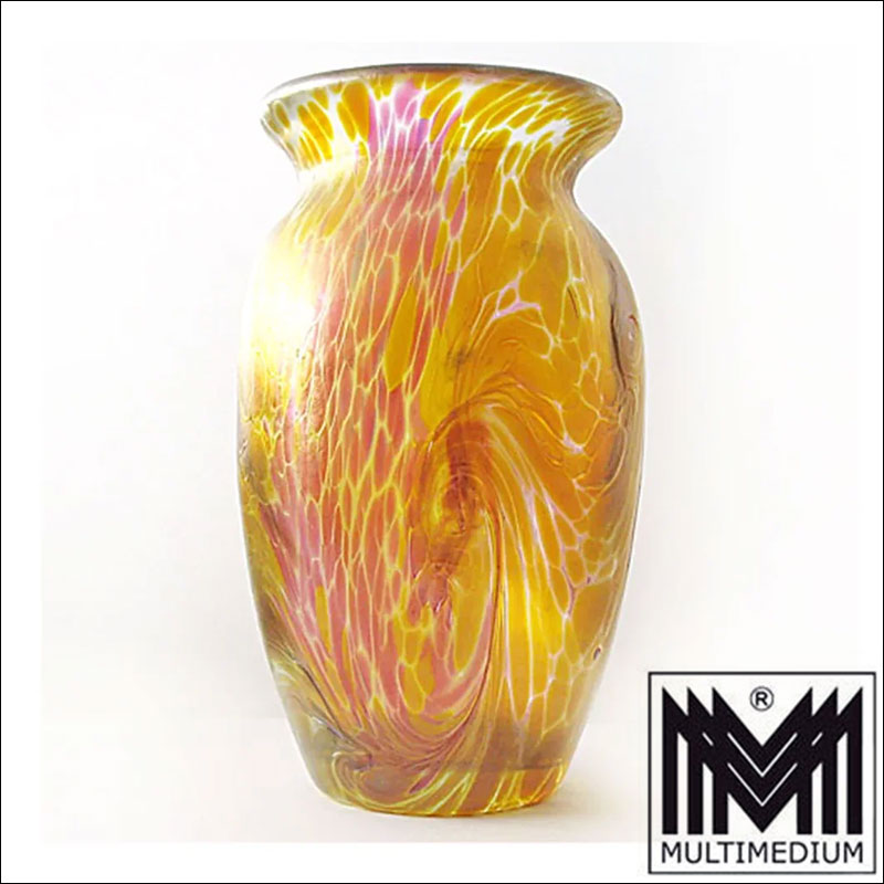 Iridescent Designer Art Glass Vase signed full 3o Irisierende Designer Glasvase signiert Franz Austen gelb rosa