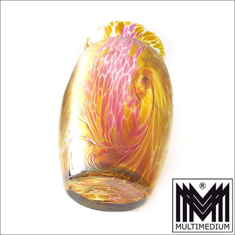 Iridescent Designer Art Glass Vase signed full 4o Irisierende Designer Glasvase signiert Franz Austen gelb rosa