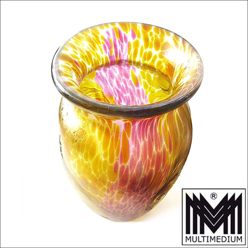 Iridescent Designer Art Glass Vase signed full 7o Irisierende Designer Glasvase signiert Franz Austen gelb rosa