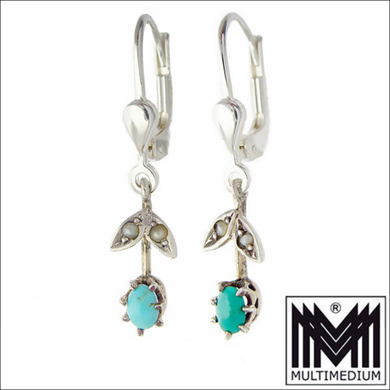 Jugendstil Silber Tuerkis Ohrringe um 1900 silver turquoise earrings 01 Jugendstil Silber Türkis Ohrringe um 1900 silver turquoise earrings