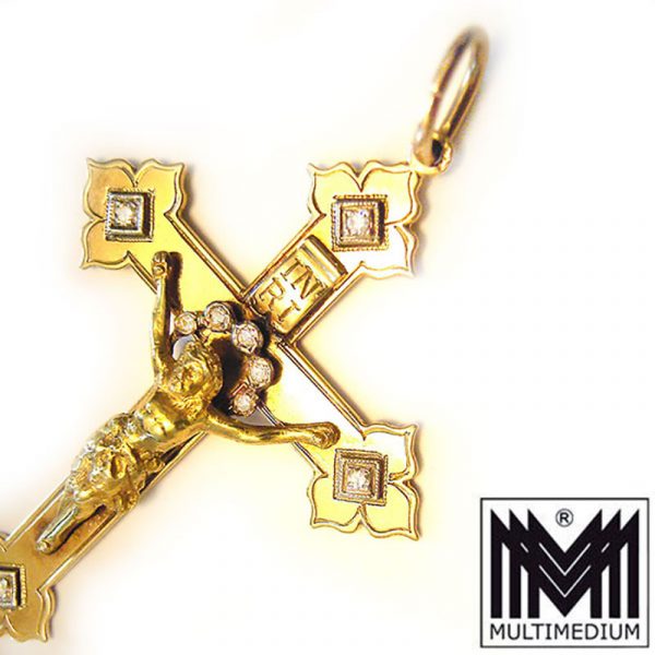 585 Gold Jugendstil Kreuz Anhänger mit Diamanten um 1900 cross Gothik Stil 14kt