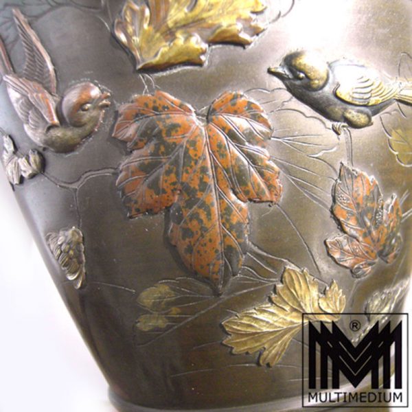 Meiji Bronze Vase Japan Vögel Blumen bronce birds flowers Shakudo