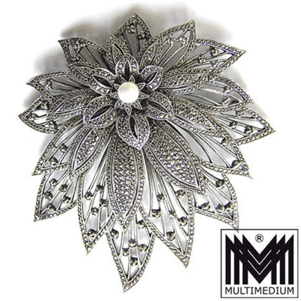 XXL Vintage Markasit Silber Brosche Blume im Art Deco silver brooch