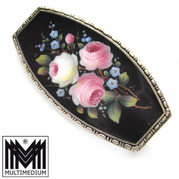 seltene Jugendstil Emaille Silber Brosche Rosen Blüte hand gemalt enamel brooch