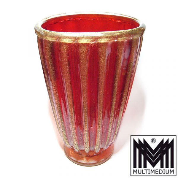 Große Vase Murano, signiert Alberto Donà wohl 80er Jahre rotes geripptes Glas