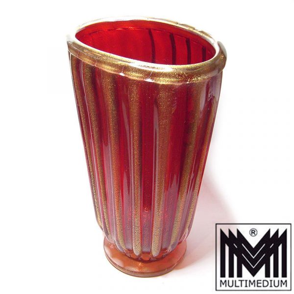 Große Vase Murano, signiert Alberto Donà wohl 80er Jahre rotes geripptes Glas