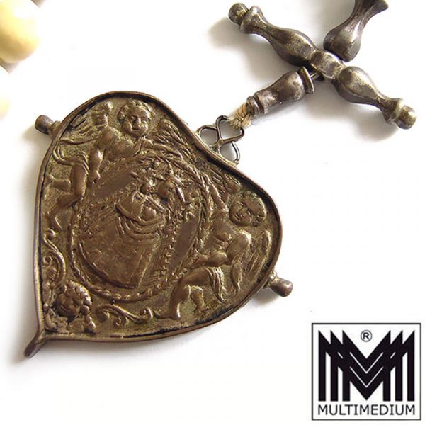 Antiker Barock Rosenkranz 18. Jhd Herz Silber Bein Knochen rosary silver pendant