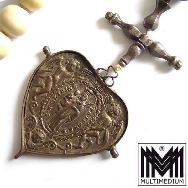 Antiker Barock Rosenkranz 18. Jhd Herz Silber Knochen rosary silver pendant