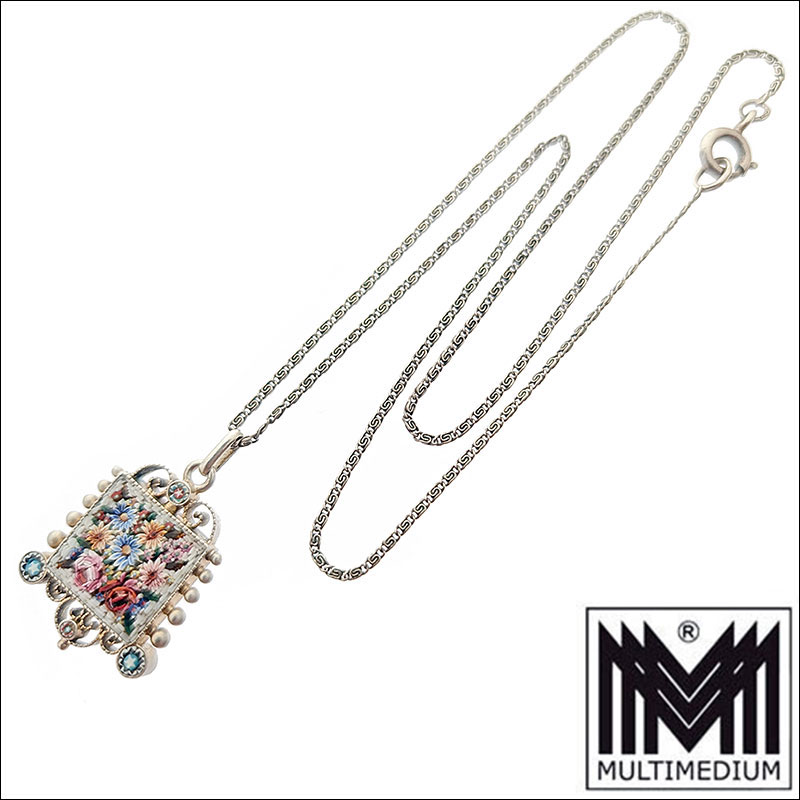 Antiker Mikromosaik 800 Silber Anhänger um 1910 Handarbeit mit Kette Rarität