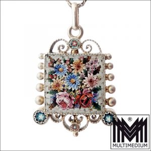 Antiker Mikromosaik 800 Silber Anhänger um 1910 Handarbeit mit Kette Rarität