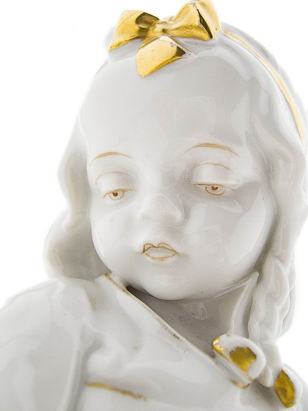 Katzhütte Art Deco Porzellan Figur Mädchen mit Gans Kind Weiß Gold