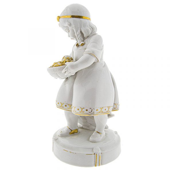 Katzhütte Art Deco Porzellan Figur Mädchen mit Gans Kind Weiß Gold