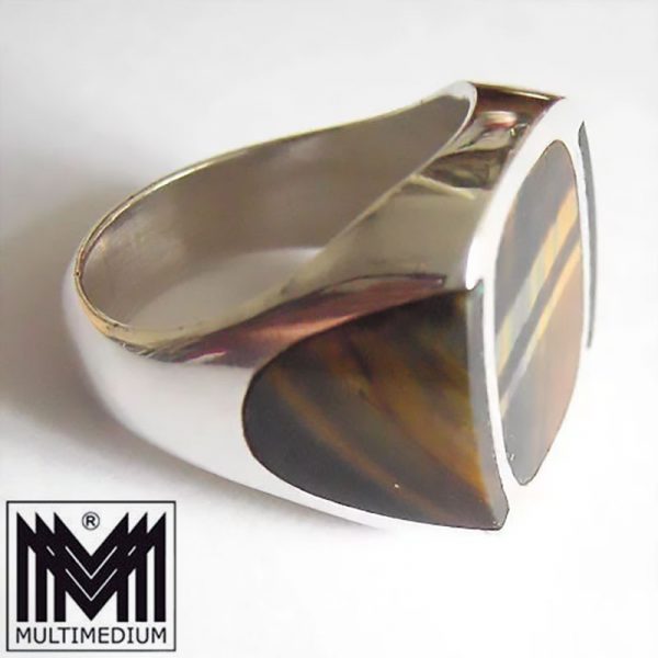 Taxco FDR Mexico Silver ring signed Pancho Modernist tiger`s-eye