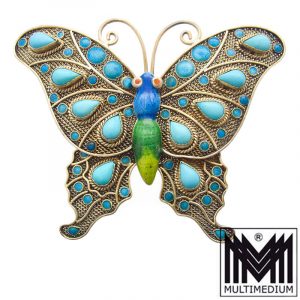China Silver Brooch Enamel Butterfly Turquoise
