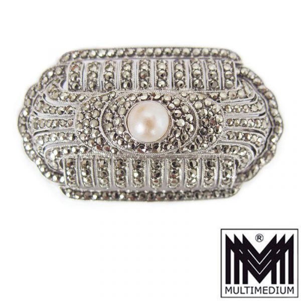 Art Deco Silver Brooch Marcasites Pearl