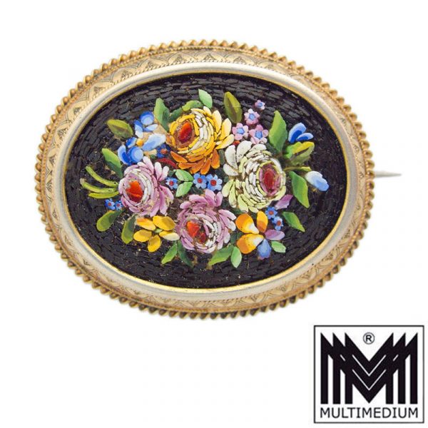 -VERKAUFT- Mikromosaik Brosche mit Blumen um 1850